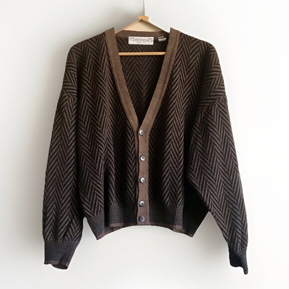 Vintage John Ashford Brown & Black Chevron Cardigan Sweater L Italy KURT COBAIN - Picture 1 of 6